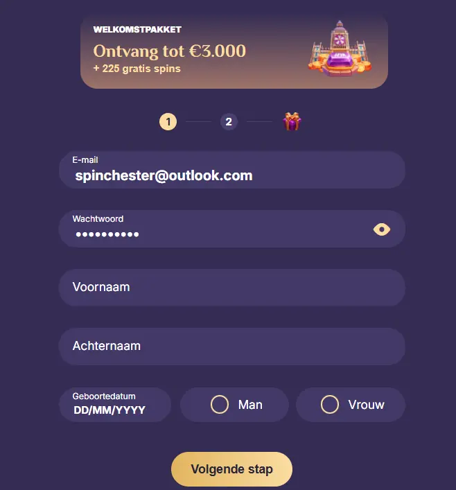 Registratieformulier van Spinchester Casino